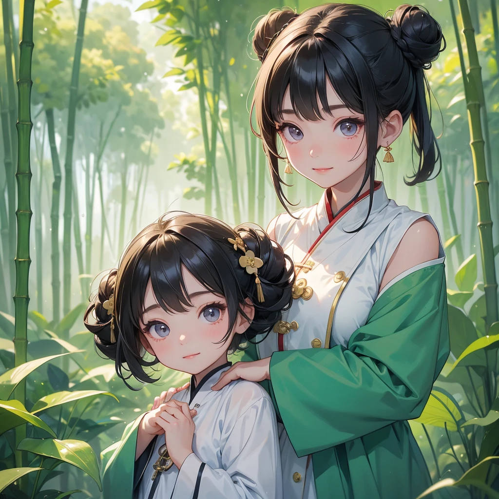 A chibi child girl had a small face and Wearing white little Taoist priest's outfit. A pair of big round eyes shone with curiosity about him. This child was so cute! ,her hair is black with two buns on her hair.small chibi, chibi baby, smiling,The little chibi baby looked up with his chest raised, and his face was old and proud.
The back is a lush green bamboo forest. The air after rain has water droplets splashing around.