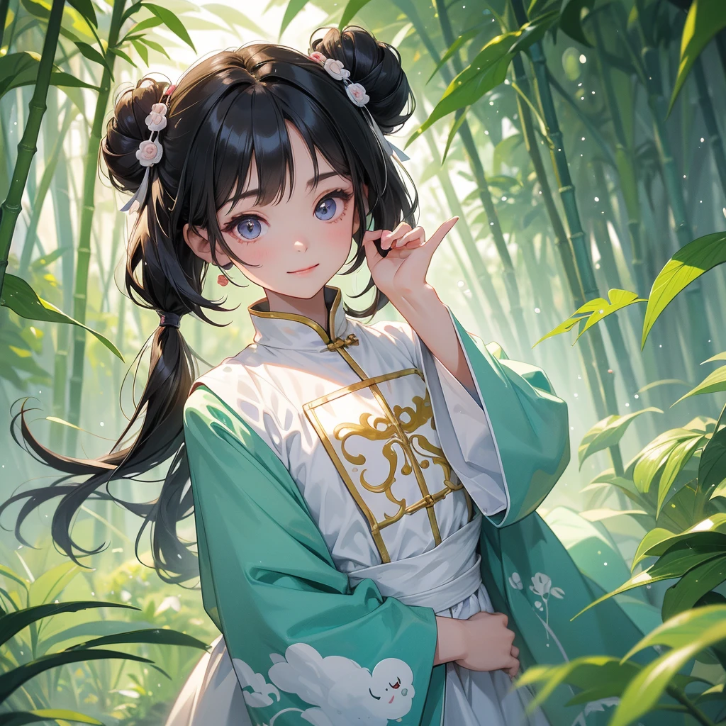A chibi child girl had a small face and Wearing white little Taoist priest's outfit. A pair of big round eyes shone with curiosity about him. This child was so cute! ,her hair is black with two buns on her hair.small chibi, chibi baby, smiling,The little chibi baby looked up with his chest raised, and his face was old and proud.
The back is a lush green bamboo forest. The air after rain has water droplets splashing around.