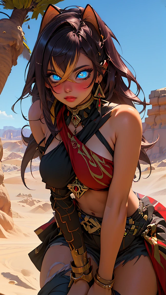 (masterpiece:1.2), best quality, high resolution, unity 8k wallpaper, (illustration:0.8), (beautiful detailed eyes:1.6), extremely detailed face, perfect lighting, extremely detailed CG, (perfect hands, perfect anatomy), leaning forward showing her chest, blush, looking at viewer, small boobs, sexy pose, (in a twilight oasis), (ancient desert)