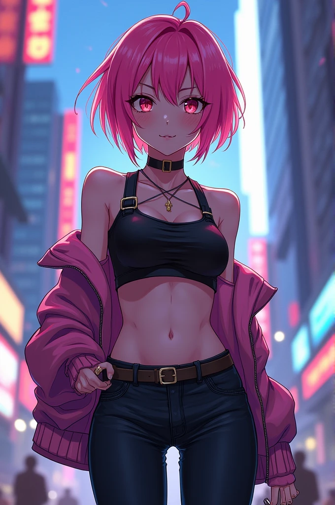Female anime character with very short chote dins and cropped top