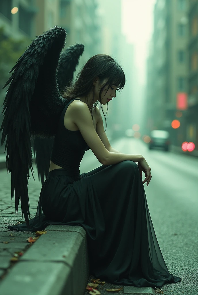 a woman with wings sitting on the side of a road, digital art, by Maksymilian Gierymski, tumblr, street art, black and green, human need death angel, sneaker photo, aetherpunk airbrush digital art, broken hearted, digital art - w 640, angel face, 2 angels, * colour splash *, poison, grieving incredibly beautiful professional composition, very fashionable and stylish --ar 9:16