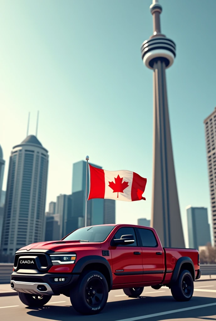 Canadian flag Truck in the front of cn tower