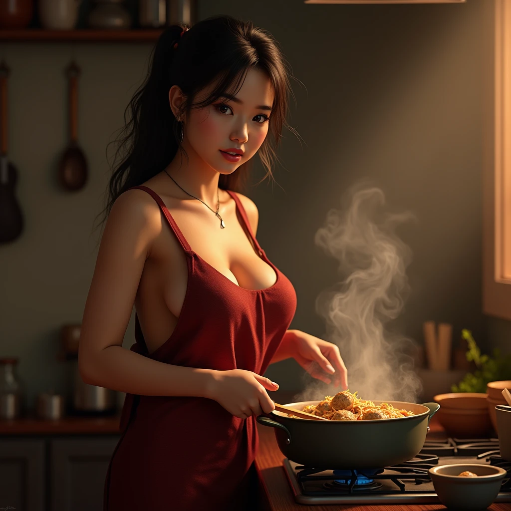 A beautiful indonesian woman, chubby and sexy body, tied hair , sweaty skin, wear sexy apron, huge breasts, sensual expression, cooking mmeatball noodle soup in the kitchen, look at the viewer, cinematic light, realistic photography, wide angle shot, detailed facial features, intricate clothing folds, soft lighting, warm color tone, bathroom, photorealistic, cinematic composition, high quality, 8k, masterpiece