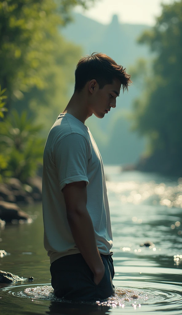 Scene 5: The Young Man's Hesitation**
- "The young man looks apprehensive as he stands at the edge of the river, peering into the water with a mixture of curiosity and uncertainty
