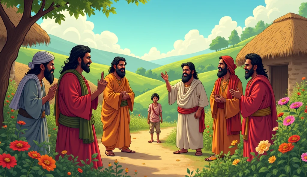 Villagers talking about Sage Bhaskar: Illustrate a group of villagers in a peaceful village, talking among themselves with enthusiasm. Arav is in the background, overhearing their conversation. The scene should include village huts, blooming flowers, and green hills.warm, vibrant colors and a comic-style aesthetic: