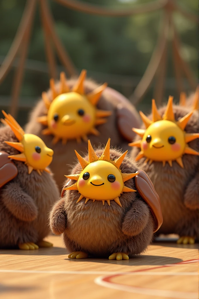 Creatures with a circular body of brown fur, with a yellow sun face and a brown shell on its back, gathered in a tribe on a basketball court. realism