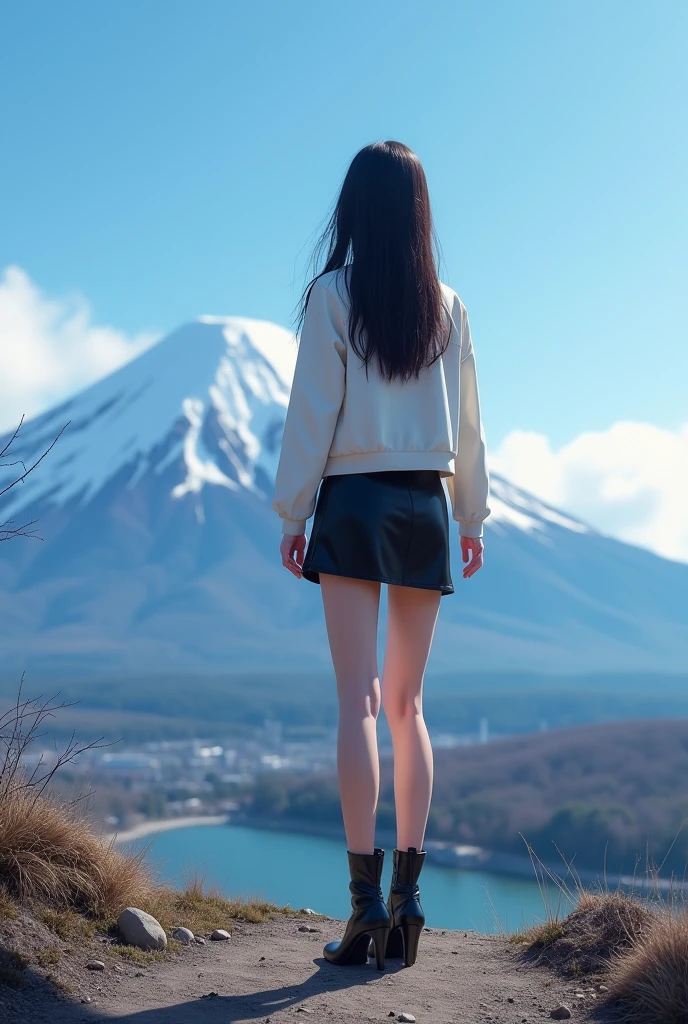 1 girl , mini dress , white jacket and black mini skirt with black high heel boots, dark hair , upper body , back view while watching mount fuji japan landscape