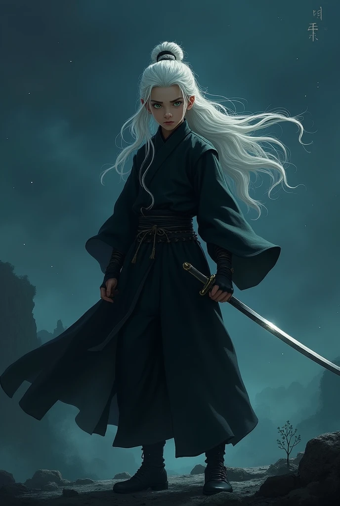 1 boy holding a sowrd in his hand, cabelos preto e longos,Outfit in black,solo,(the night:1.2)long whitr hair, green eyes,Chinese folk tales,swordsmen,