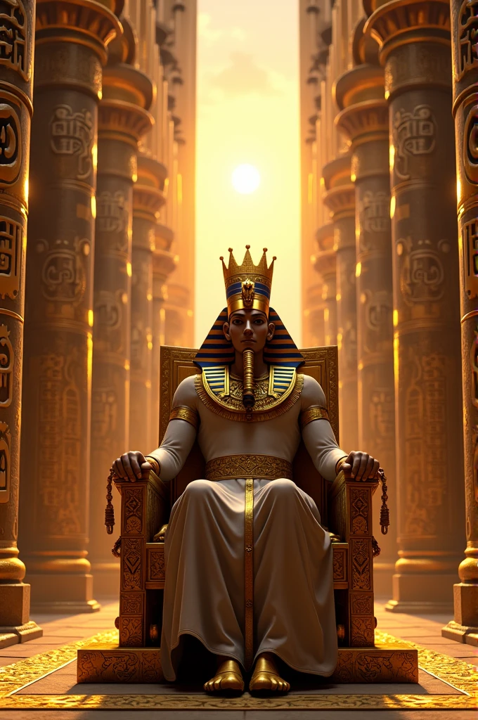 Ancient Egyptian Pharaoh in a Throne Room: "A majestic ancient Egyptian pharaoh seated on a grand golden throne, wearing a detailed headdress with a cobra emblem. The pharaoh is surrounded by towering stone columns adorned with hieroglyphs, with golden ankhs and statues of gods lining the walls. In the background, a large window overlooks the Nile River at sunset, casting a warm golden light into the room."