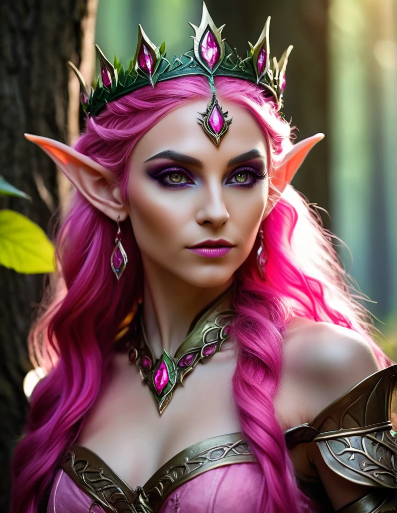 Very attractive 2  caucasian with long wavy bright pink hair, a close up of a woman with bright pink hair and a crown, portrait of an elf queen, Bright pink orc female, elf queen, fantasy character photo, half orc half elf woman, female orc, queen of the forest, ornate cosplay, dark elf princess, female orc forest druid, an elf queen, very beautiful elven top model, beautiful dark elf countess, pink skin
