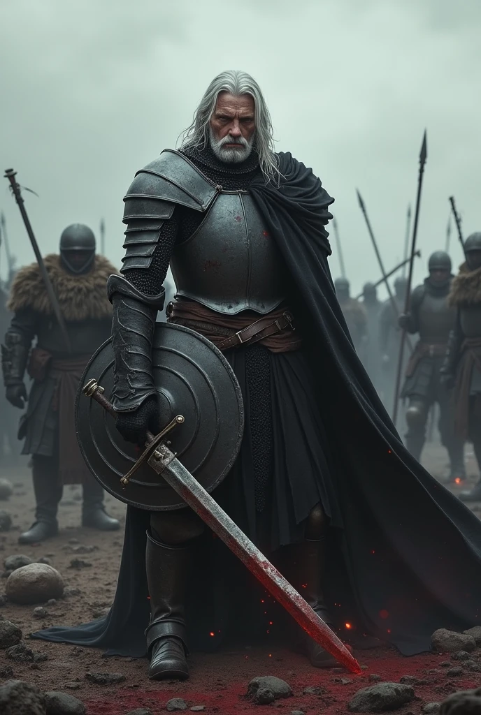 generate landscape picture, 1080p, generate man with silver hair, wearing black armor, a knight with broken shield and a sword, bloods and bodies surround him, surround by his enemies