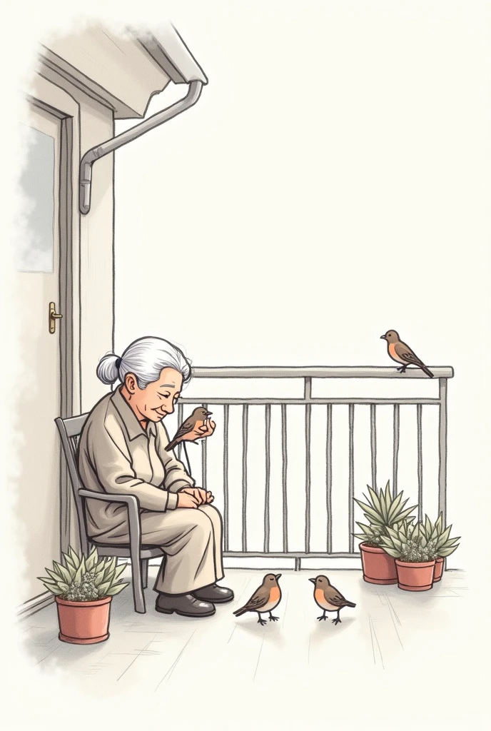 A grandmother feeding the sparrows in the balcony while sitting cartoon pencil sketch simple drawing