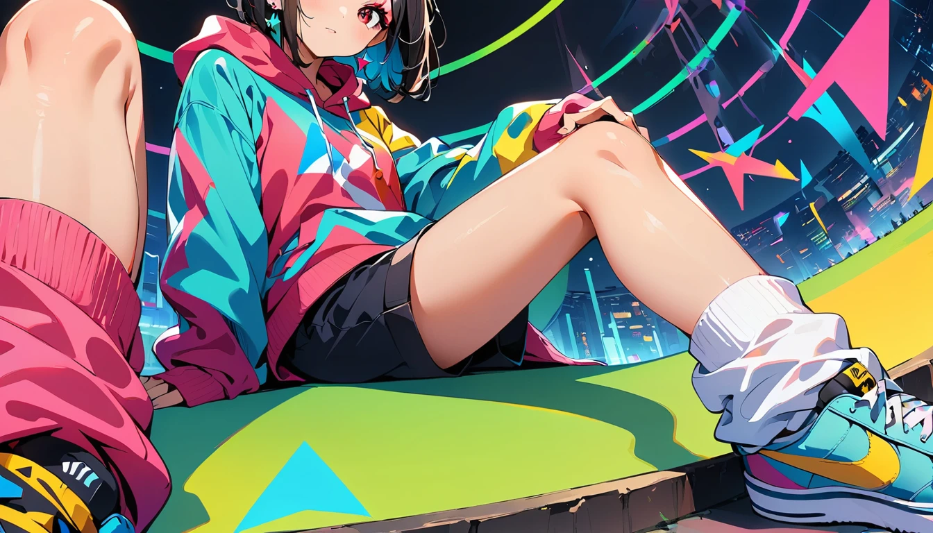 quality, 8k, 4K, High Contrast, masterpiece:1.2, 最high quality, Best aesthetics), ((1 female)),Sitting sideways on the ground, bright eyeshadow,((Super Short Hair)), (Futuristic Music Station Background), (Wearing a colorful hoodie.), ((Shorts)),(Colorful loose socks), Looking at the audience, Transparent Background, (Look at me), Sleepy eyes, High Contrast, Contrasting colors, Black Hair, Red eyes,, Small star-shaped earrings on both ears, ((Low angle shot)), Colorful baseball caps,Colorful sneakers,big ,green base