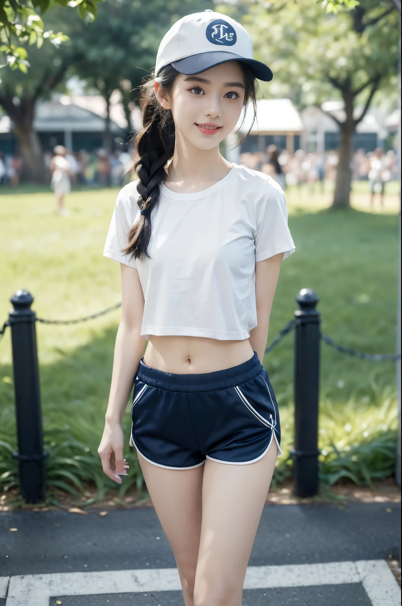 (((best quality))),(((ultra detailed))),(((masterpiece))),illustration,((1 beautiful girl,solo)),(white baseball cap:1.3),(short ponytail:1.2),((slim,thin,graceful)),((small breasts,flat chest)),(summer afternoon:1.3),(at the schoolgate:1.3),bustling,(white short-sleeved T-shirt:1.3),(navel:1.2),(navy blue gym shorts:1.3),(slender legs:1.2),(white sneakers:1.2),(standing:1.3),(bright sunlight:1.2),radiant,breezy,casual style,youthful vitality,delicate features,young people,students,chatting,laughing,vibrant energy,serene tranquility,vibrant rays of sun,captivating atmosphere,(surrounded by crowded crowds:1.3),((from front,full body))