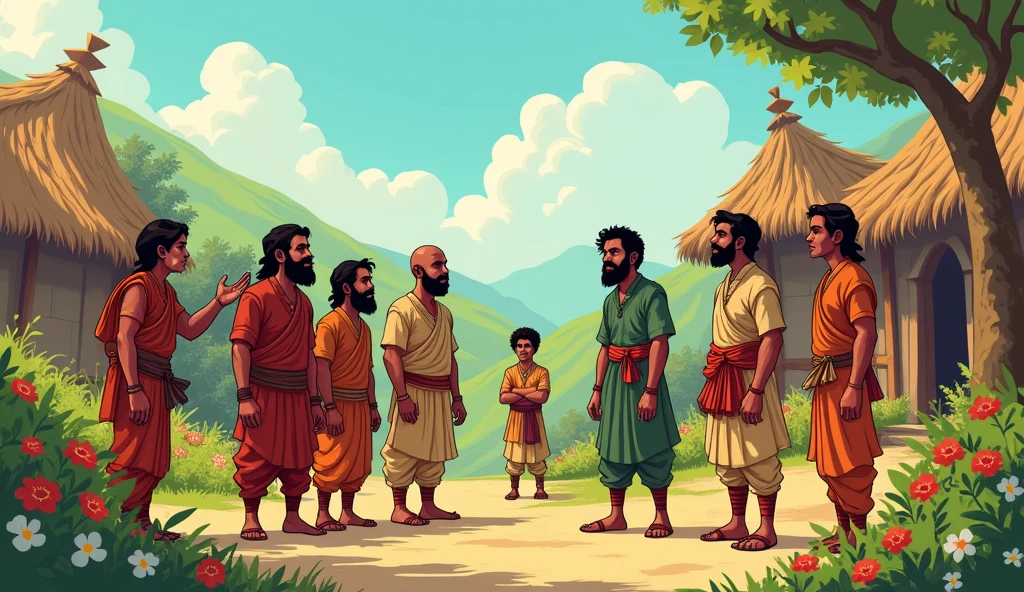 Villagers talking about Sage Bhaskar: Illustrate a group of villagers in a peaceful village, talking among themselves with enthusiasm. Arav a young fighter is in the background, overhearing their conversation. The scene should include village huts, blooming flowers, and green hills.warm, vibrant colors and a comic-style aesthetic: