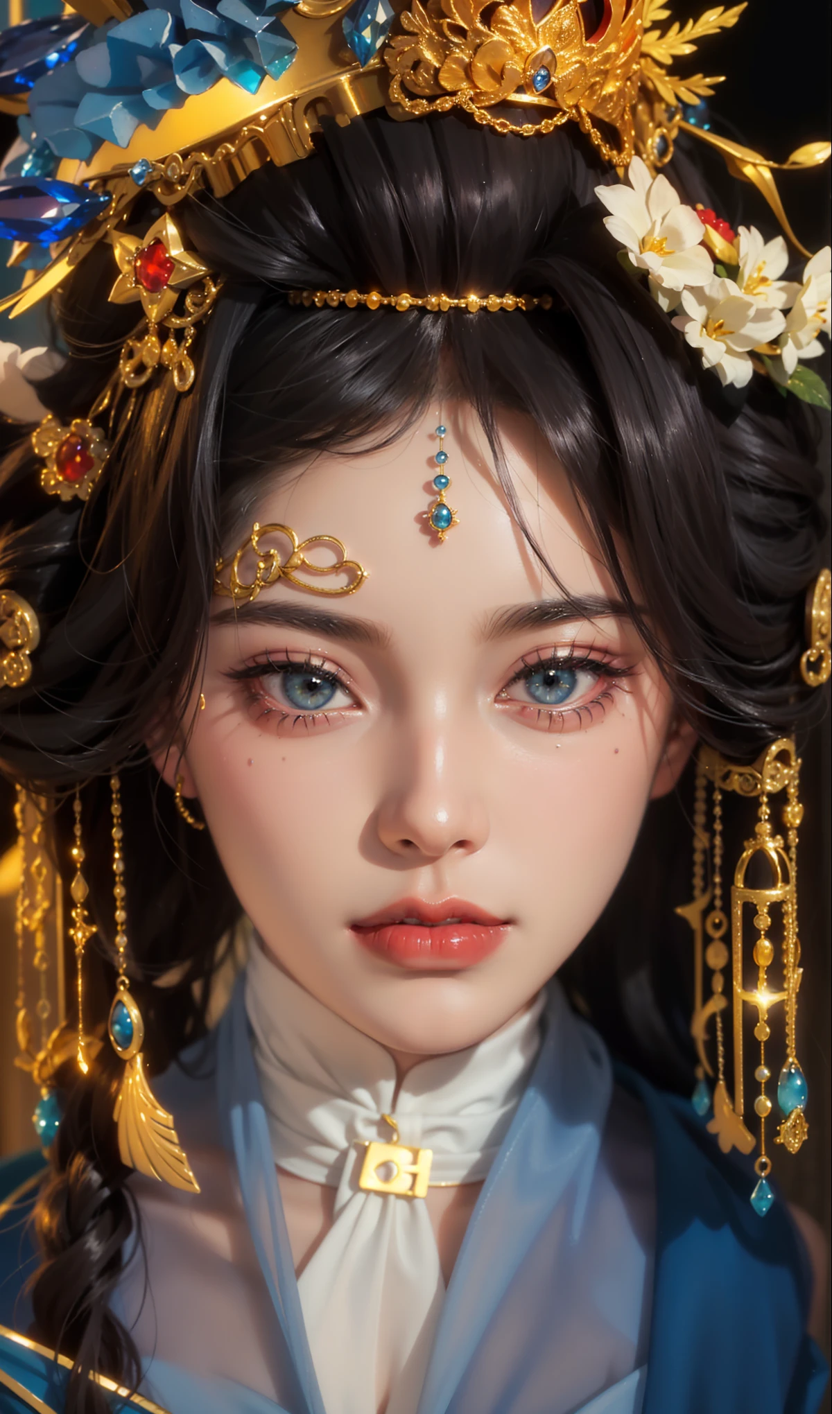 Royal princess,Extremely detailed, Delicate face, Stock Photography , Portrait 400, F1 Camera Lens.6, rich and colorful, Surrealism, Realistic textures, Dramatic Lighting, Thin Film Distiller 800 (8K, original photo, Better quality, masterpiece: 1.2), Extremely detailed, (Extremely delicate skin: 1.2), 8K ultra high definition, SLR camera, Soft Light, high quality.Fire Queen,Blue pupils,Wear red lipstick,Have a tattoo,The tattoo is very three-dimensional,Gorgeous and intricate tattoo designs,Dark eyeshadow,Sexy thick lips(Red lipstick),Gorgeous pearl and gemstone decoration,Cleopatra wore jewelry made of gold and precious stones.,The stunning Queen,