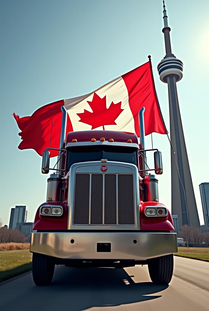 Canadian flag long Truck in the front of cn tower