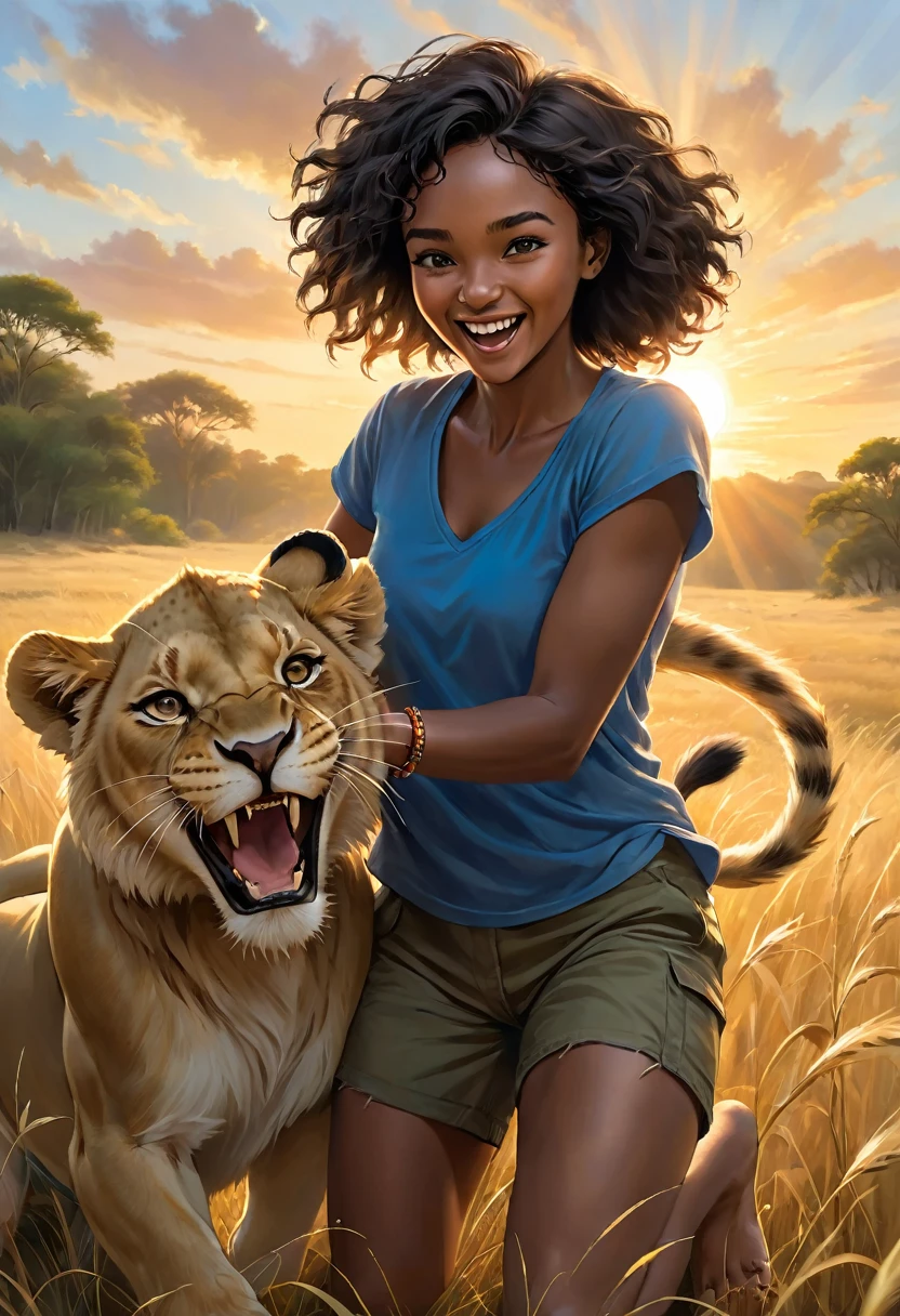 A dynamic, photorealistic image capturing a playful moment. It features a young African woman with short, curly black hair, laughing as she playfully wrestles with a mischievous lion cub. She is dressed in comfortable khaki shorts and a loose blue t-shirt that is completely torn. Her eyes sparkle with joy. The lion cub playfully bites at her torn t-shirt while she gently tries to hold it back. The two are positioned in the middle of a field of tall, golden grasses, with a spectacular sunset casting a warm glow over the scene. The woman wears a beaded bracelet. The sun is positioned just behind her, creating a backlit effect.