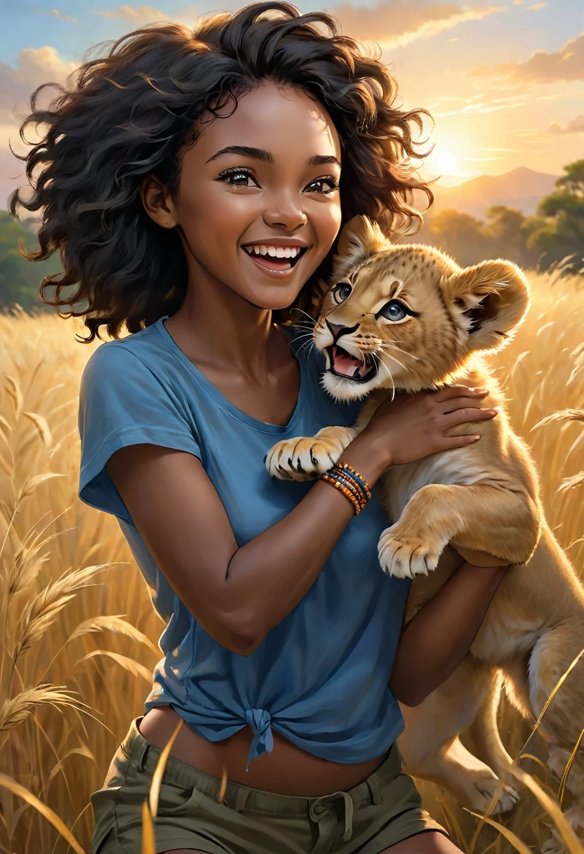 A dynamic, photorealistic image capturing a playful moment. It features a young African woman with short, curly black hair, laughing as she playfully wrestles with a mischievous lion cub. She is dressed in comfortable khaki shorts and a loose blue t-shirt that is completely torn. Her eyes sparkle with joy. The lion cub playfully bites at her torn t-shirt while she gently tries to hold it back. The two are positioned in the middle of a field of tall, golden grasses, with a spectacular sunset casting a warm glow over the scene. The woman wears a beaded bracelet. The sun is positioned just behind her, creating a backlit effect.