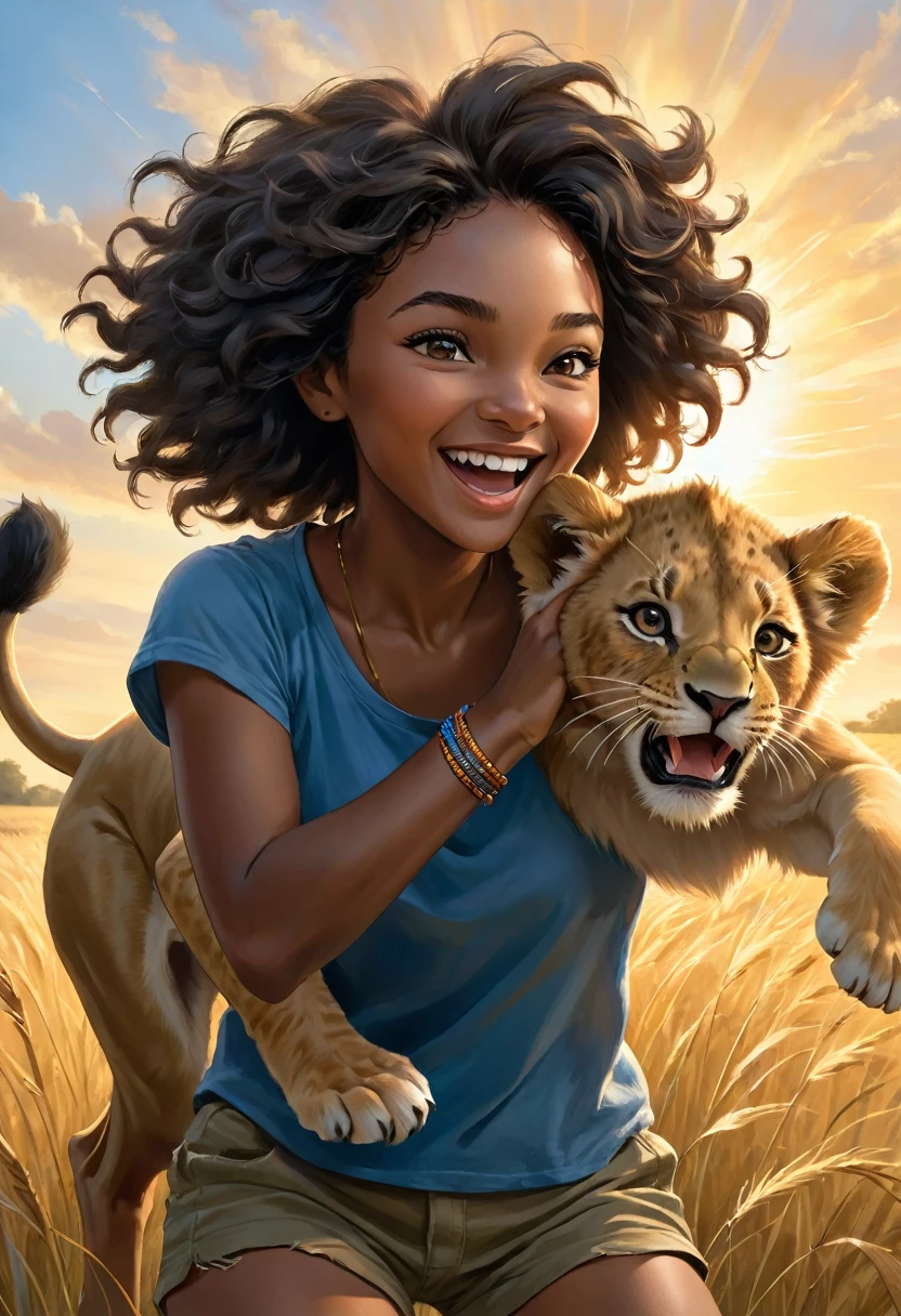 A dynamic, photorealistic image capturing a playful moment. It features a young African woman with short, curly black hair, laughing as she playfully wrestles with a mischievous lion cub. She is dressed in comfortable khaki shorts and a loose blue t-shirt that is completely torn. Her eyes sparkle with joy. The lion cub playfully bites at her torn t-shirt while she gently tries to hold it back. The two are positioned in the middle of a field of tall, golden grasses, with a spectacular sunset casting a warm glow over the scene. The woman wears a beaded bracelet. The sun is positioned just behind her, creating a backlit effect.