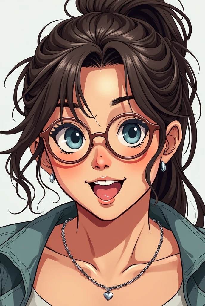 Style manga, Femme 38 ans blanche, large, cheveux châtains foncés ondulés attachés en couette haute destructurée. Lunettes arrondies couleurs cuivre. Piercing au nez a droite. Yeux bleus, lèvres pleines, petites boucles d'oreilles et collier chaine argentée avec un petit coeur, grain de beauté dans le cou a gauche et sur le front a gauche. Elle sourit et yeux qui pétillent.