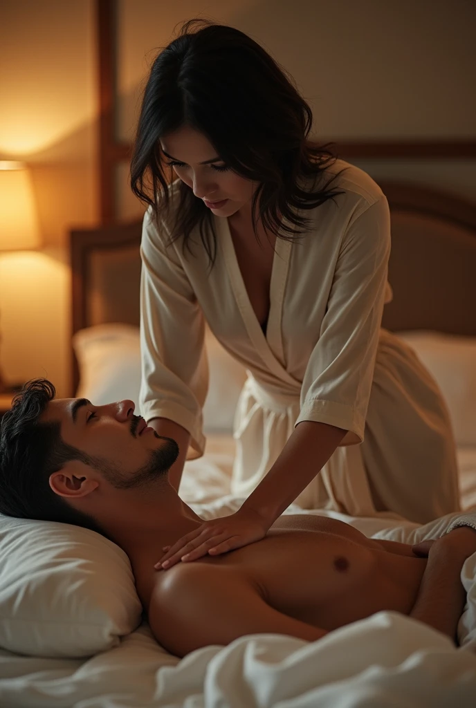 In a spacious, elegantly decorated bedroom, Claire Wong, the confident and composed lawyer in her late 30s, stands at the foot of a king-sized bed, dressed in a form-fitting silk robe that loosely drapes over her figure. Her hair is slightly tousled, a sign of the control she’s beginning to relinquish. Alex Tanaka, the young intern, lies on the bed, his shirt unbuttoned and his hands bound loosely with a silk tie, a look of trust and anticipation in his eyes. Claire leans over him, her hands gently resting on either side of his face, her expression a mix of command and vulnerability as she takes control of the moment while allowing herself to open up emotionally. The soft, warm light from a nearby lamp casts gentle shadows, creating an atmosphere of intimacy and control. Hyper-detailed, cinematic lighting, intimate and emotional, 8K.