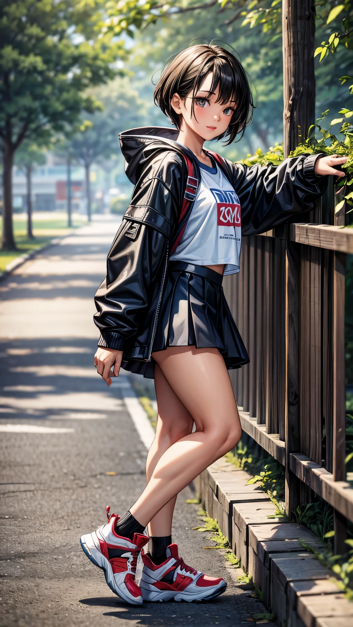 ((From side2.0,Look Away),((16years old girl)),((full body)),Beautiful attention to detail, Beautiful lip detail,One of the Japanese girl,In the park,((Dark skin tone 2.0)), (Very short black hair),((Lonely Smile)),casual ((Long jersey with line)),((tight mini skirt)),((High-top sneakers)),quality, 4K, 8k, High resolution, masterpiece:1.2, Very detailed, Realistic, photoRealistic, photo-Realistic:1.37, High resolution, High resolution, Studio Lighting, Ultra-fine painting, Sharp focus, Physically Based Rendering, Very detailed explanation, Professional, Vibrant colors, bokeh, Portraiture