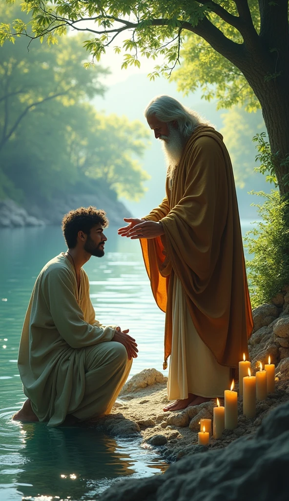 Scene 6: Preparing for the Ritual**
- "The saint gently guides the young man to kneel at the river's edge. The young man looks both nervous and determined."
