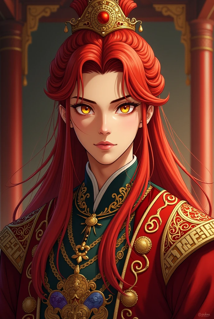 {
"prompt": "A highly detailed and regal illustration of a young emperor with long, flowing red hair and striking heterochromatic eyes; one eye is a deep, fiery red, and the other is a luminous golden yellow. He is around 19-2, exuding a sense of maturity, authority, and wisdom beyond his years. His expression is calm yet commanding, reflecting his royal status. He is dressed in ornate imperial robes of deep crimson and gold, with intricate patterns that emphasize his royal lineage. The background is an opulent throne room, with grand columns and a sense of luxurious power. The lighting highlights the sharp features of his face and the rich texture of his robes, emphasizing his noble presence.",
"size": "1024x1024"
}