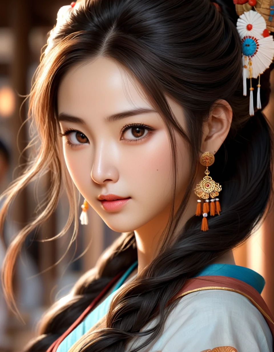 (RAW Photo, Best Quality), (Realistic, Photo Realistic: 1.3), Best Quality, Highly Detailed, Masterpiece, Hyperdetail, Illustration, 1 Girl, Forehead with Painting, upper_body, Dynamic Angle, World Masterpiece Theater, messy_long_hair, Best Quality, Extremely Detailed CG Unified 8k Wallpaper, Ink, Amazing, Cinematic Lighting, lens_flare,dunhuang_style