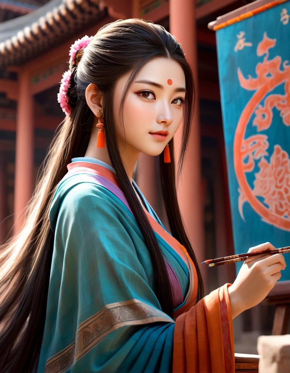 (RAW Photo, Best Quality), (Realistic, Photo Realistic: 1.3), Best Quality, Highly Detailed, Masterpiece, Hyperdetail, Illustration, 1 Girl, Forehead with Painting, upper_body, Dynamic Angle, World Masterpiece Theater, messy_long_hair, Best Quality, Extremely Detailed CG Unified 8k Wallpaper, Ink, Amazing, Cinematic Lighting, lens_flare,dunhuang_style