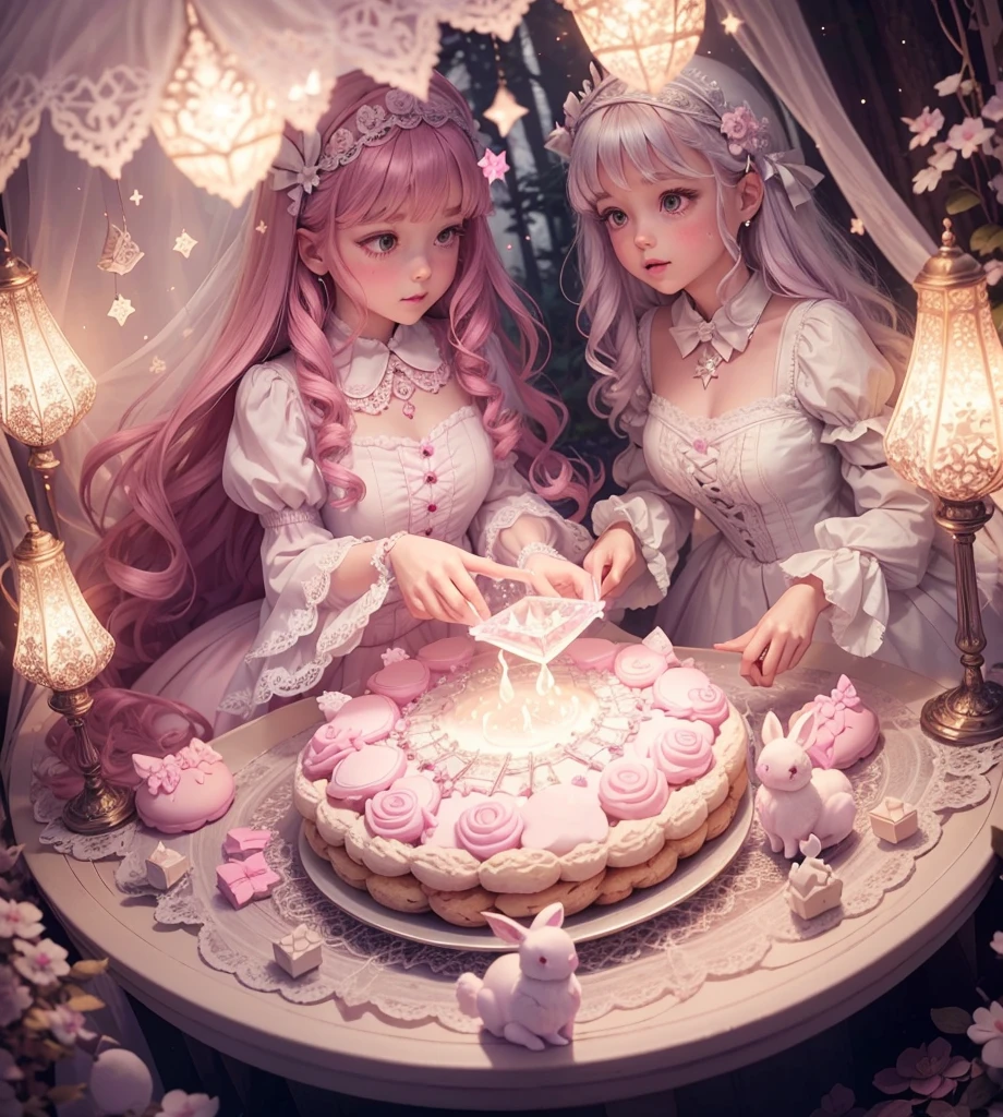 Create gorgeous handmade cookies that fit together like a puzzle in the forest Candy Castle Fairy World chocolate A soft light shines through Delicate lace and ribbon Light color gem lame Photon Mapping High Contrast Diamond particles antique The color is pink and white Cookie Puzzle cute Sparkling Star Fragment Multiple Exposure Fluffy white stuffed rabbit Light background