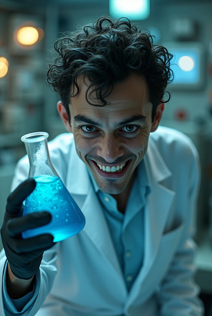 photo of a thin male scientist with short curly black hair wearing a chemical lab coat and safety gloves smiling broadly like a psychopath while holding a beaker filled with blue liquid in an electric power research laboratory with the background of active nuclear reactor, the photo was taken from directly above and highlights the face down to the feet