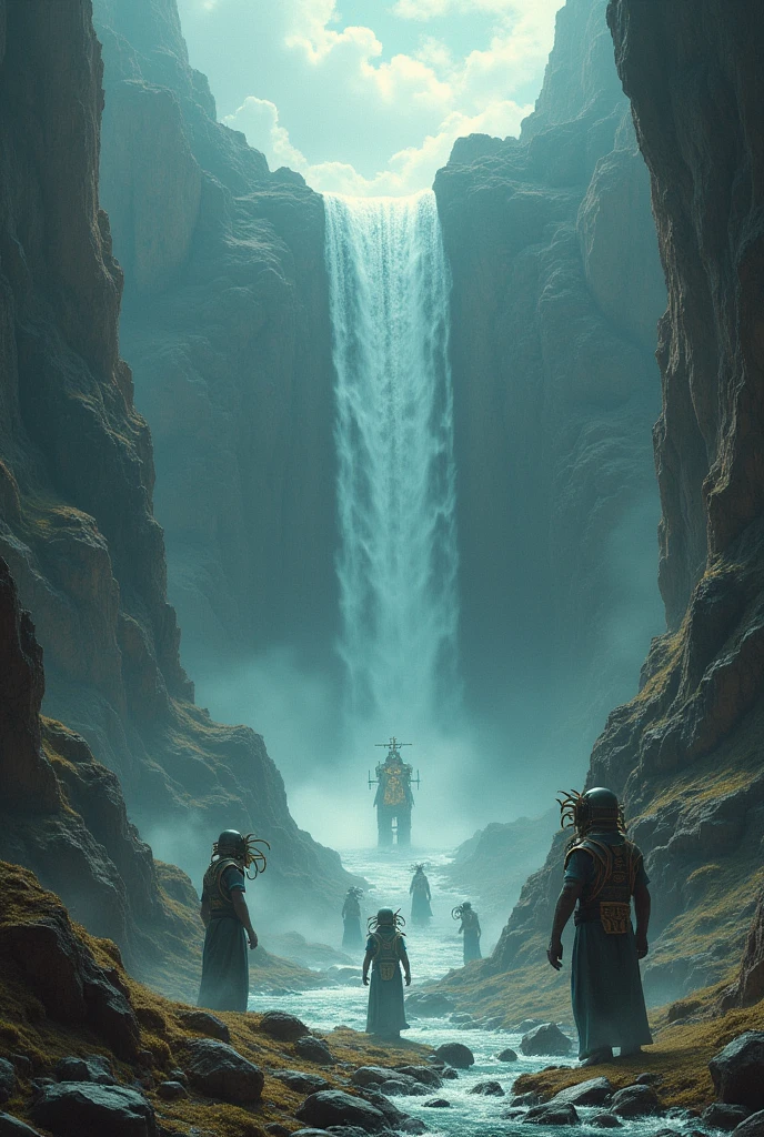 Three dimensional dimension separated by a torrent of water cascade and rock that separates each dimension with guardians placed at each place with symbols and artifacts in real image