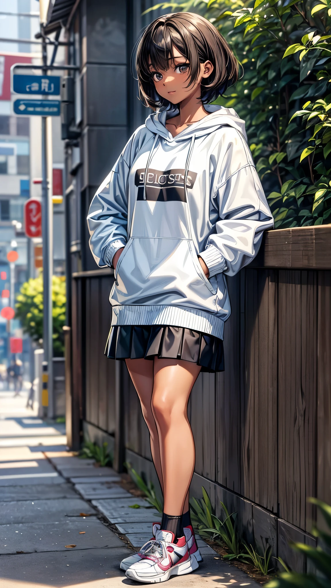 ((From side2.0,Look Away),(( girl)),((full body)),Beautiful attention to detail, Beautiful lip detail,One of the Japanese girl,In the park,((Dark skin tone 2.0)), (Very short black hair),((Lonely Smilsual ((Long jersey with line)),((tight mini skirt)),((High-top sneakers)),quality, 4K, 8k, High resolution, masterpiece:1.2, Very detailed, Realistic, photoRealistic, photo-Realistic:1.37, High resolution, High resolution, Studio Lighting, Ultra-fine painting, Sharp focus, Physically Based Rendering, Very detailed explanation, Professional, Vibrant colors, bokeh, Portraiture