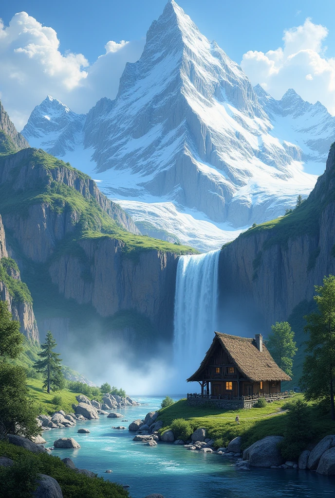A realistic image of a mountain coveref with ice and waterfall of river flowing with wooden house