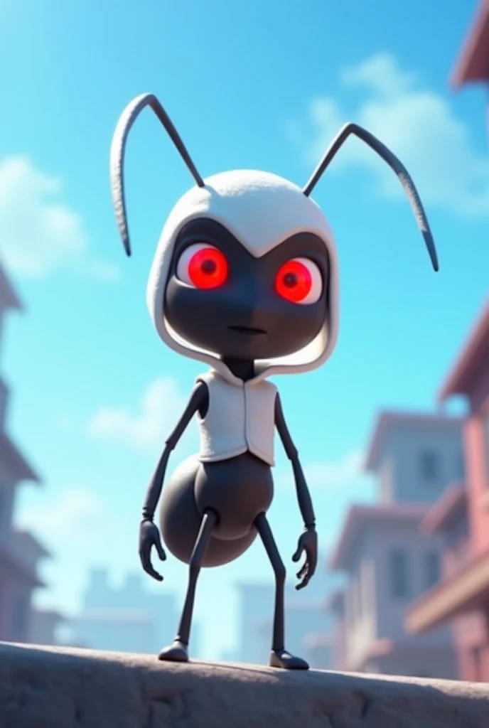 The ant with white costume is red eye and background is blue sky and building animation video