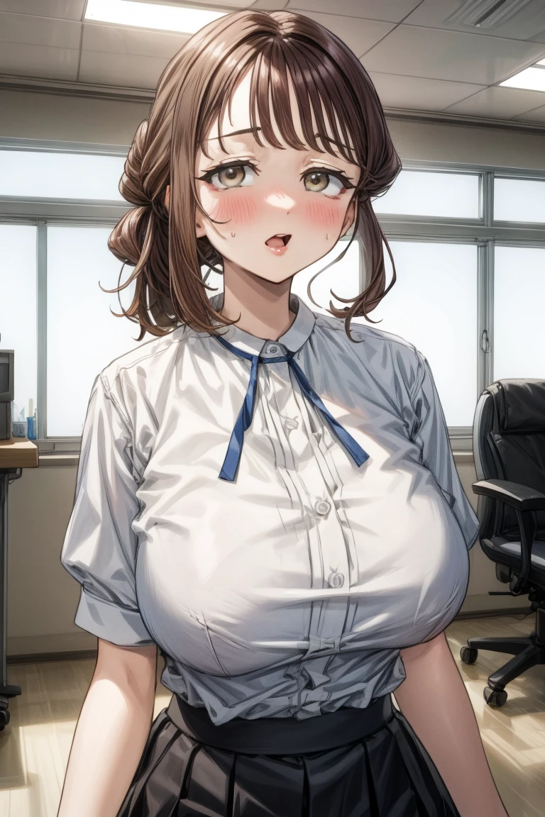 (masterpiece), (Highest quality), (highly detailed), (8k resolution), (Highest quality),Huge_chest,hair_good,brown_hair,brown_eye,detailed_lips,shy,Ecstasy_face,blush,from the front,(View your viewers:1.3),office lady,(White button-up shirt),skirt,(Browsing Caution)、Clothes are see-through、(Squat)、Health Room、(Large areola)