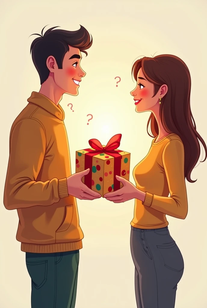 Two people are standing in front of each other with a smile and giving each other gift rapped in gift boxes that are square and in that boxes is a question mark and they look so misterious and exciting