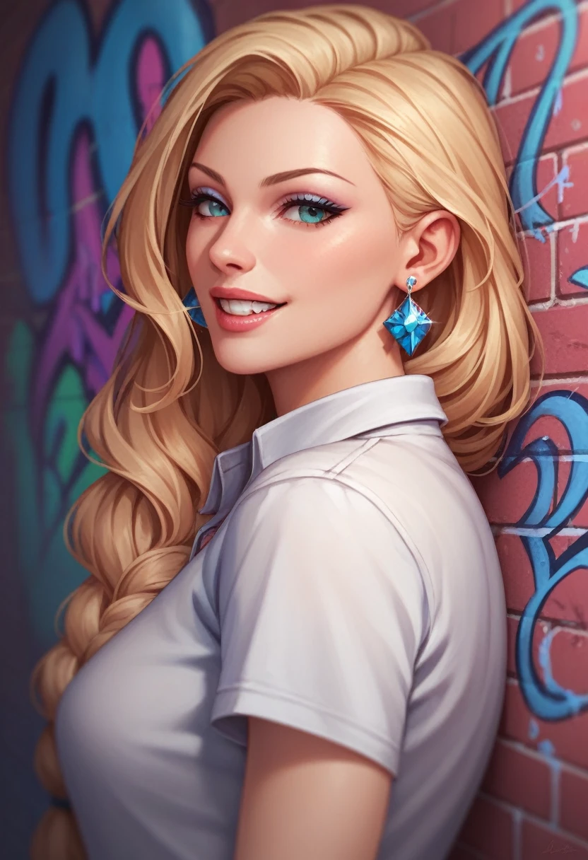 masterpiece, highest quality, highly detailed, beautiful, best quality ///1 woman, Looking at the viewer, hair color is over 4 colors, tooth, different eye color, Graffiti, earrings ///