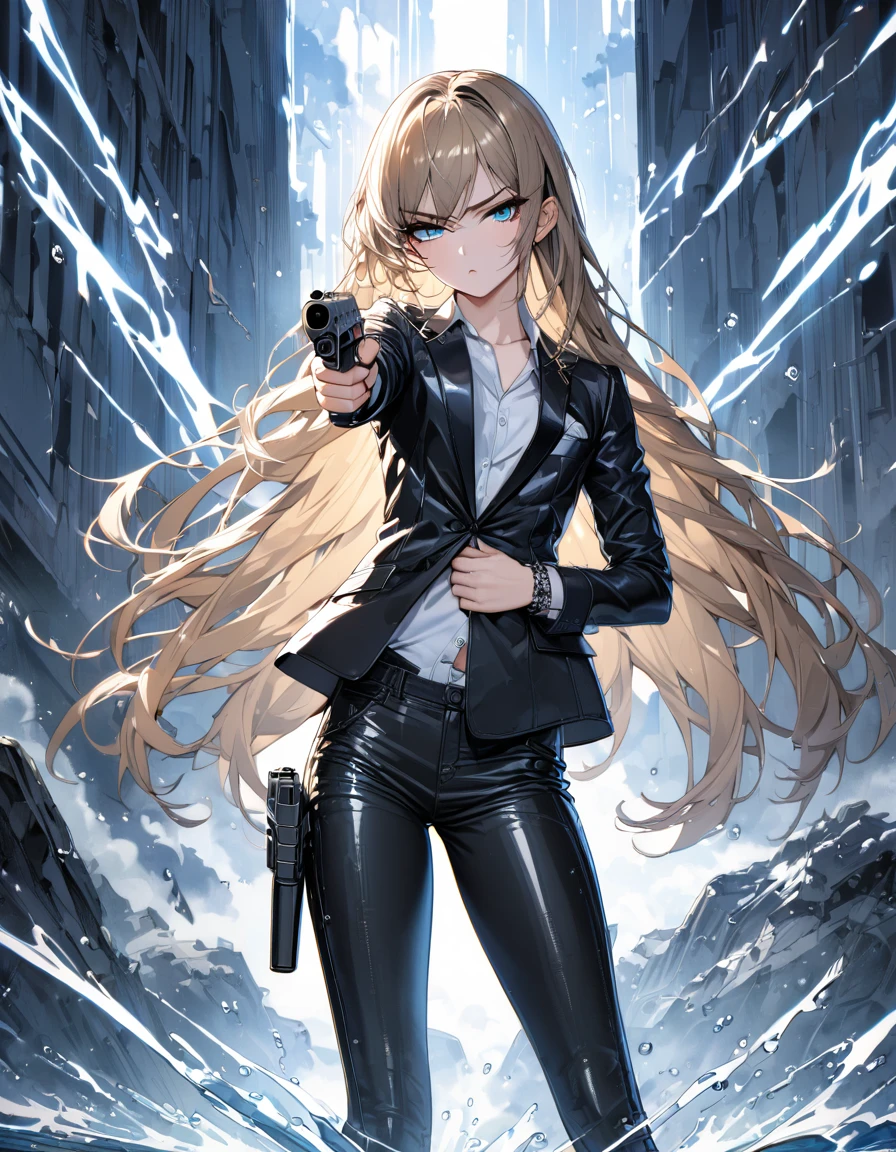 (masterpiece)、(absurdres)、(ultra detailed)、(8k),((solo lady),(dark blonde hair:1.2),(straight long hair:1.1),shiny blue eyes,BREAK,black suit:1.2,black pants,(athletic),(Pierce:0.9),(bracelet:0.8),(flat chest),half-closed eyes,Serious,cowboy shot:1.2,in the battle field:1.2,water storm:0.8,handgun:1.3,side view,shirts,