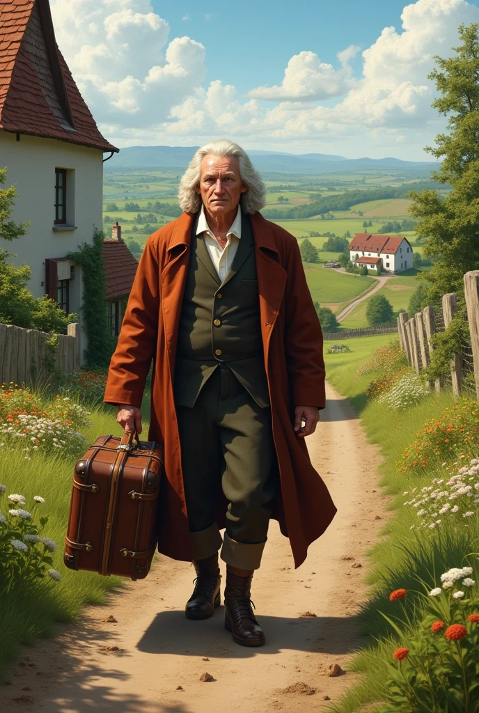 Isaac newton returning home to farm holding luggage in outdoor