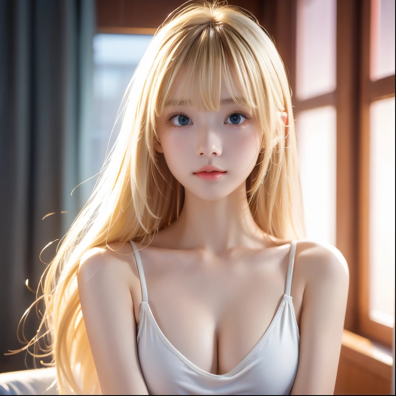 Swimsuit、(Realism:1.4)、(Improved movie lighting quality:0.9)、32K、1 girl、Very cute expression、A beautiful blonde girl、Realistic top lighting、Backlight、Face lighting、Extra Long Platinum Blonde Silky、美丽的Bangs、Bangs、Ray Tracing、(Bright Light:1.2)、(Quality Improvement:1.4)close up、t-shirt、(Enhanced body lines:1.1)、(Enhances the beauty of skin texture:1.1),Huge breasts,Breast bulge