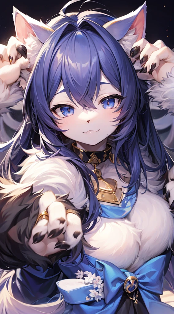 masterpiece,high quality,1 giri,(furry),cat ears,fur blue,(claw pose),frontal face,ミドルショット