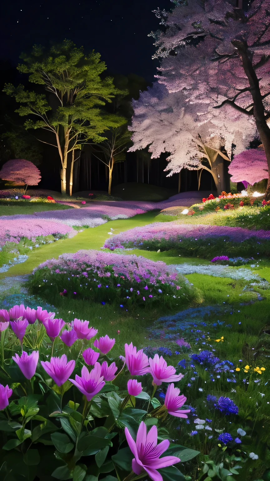 Create a scene of a magical forest at night bathed in moonlight. The moon casts a soft, enchanting glow over the forest, creating a mystical atmosphere. The forest floor is densely covered with a multitude of flowers in pink, yellow, and blue. These vibrant flowers bloom abundantly, creating a colorful carpet that extends throughout the scene. Focus on several of these flowers up close, highlighting their intricate details and the moonlight reflecting softly off their petals. Fireflies are scattered throughout the scene, emitting gentle green and yellow lights, enhancing the ethereal ambiance. Include the deep shadows of the forest and the subtle interplay of light and dark created by the moon."
This prompt specifies the colors of the flowers and their abundant presence, helping to create a vivid and detailed scene