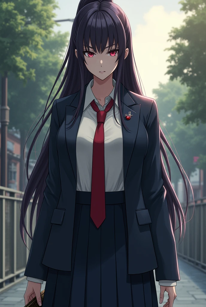 The President is a beautiful, shapely, and very tall young woman with long, straight, dark purplish-black hair that reaches the end of her back (and that she occasionally keeps tied up in a ponytail[7] or a chignon[8]) and a jagged fringe. She has a royal pallor alike, delicate-looking, fair skin - depicted as so clear that seems to glow in the dark[9] - and sharp, cold-looking crimson eyes.[10][11] In terms of height she towers over every other female character of the series, as well as most males, and has a Junoesque, imposing, and athletic[12] physique which has been described as "unreal",[13] with a firm butt, massive boobs, a thin waist, long legs, and slender arms. Having practiced kendo since early childhood, she's also very muscular and toned.[14] Her breasts are her most distinctive feature, and they are often exaggerated for comedic effect.[15][16] The President is rarely seen smiling[17][18] or smirking[19] and sports an intimidating frown or scowl most of the time.

When she was a high schooler, she typically wore her school uniform consisting of a white button-up shirt (whose sleeves and collar she always kept fully buttoned), a red knot tie, and a long navy blue skirt completed with tights and a pair of sneakers. However, in winter she was shown to wear a light brown sweater and occasionally a blue blazer.[20]

When not at school, and after starting to attend university, she was primarily shown wearing traditional Japanese clothing[21] or extremely skimpy Chinese-style ones[22][23] as well as a leather catsuit;[24] however she always prefers being completely naked[25][26][27] and seemingly doesn't wear any underwear.