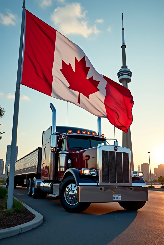 Canadian flag long Truck in the front of cn tower