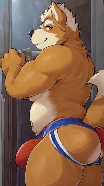 Fox mccloud, big butt, jockstrap, back angle, ass focus, bara, solo, fox tail, , thick thighs, daddy, 4k, HI res,  BARA pecs, 5 fingers, sweat, hd, brown eyes, masterpiece, big PECS, chest hair, navel hair, bulge, big bulge, masterpiece, mature male, manly, beefy, by sugaryhotdog, detailed bulge, detailed eyes, bedroom eyes, himbo, by darkgem, a bit of chubby belly is visible, basic pose
