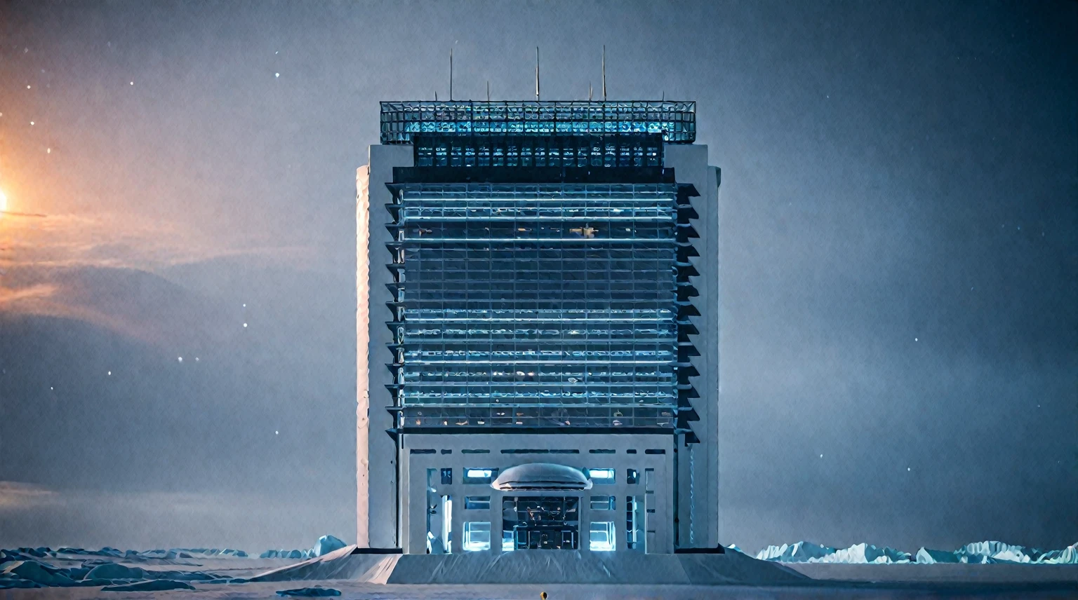 Future City Building,Tall buildings tower,The main building is the highest,antarctica,Ice World,Ice and snow,snowstorm,Outer Space,spacecraft,Space base station,Planet Earth,Sci-fi style,Vertical composition,Interstellar background,Ultra wide-angle lens,Night lighting,spacecraft悬浮,Space base station连接,Planet Earth远景,Cool colors,Mystery。