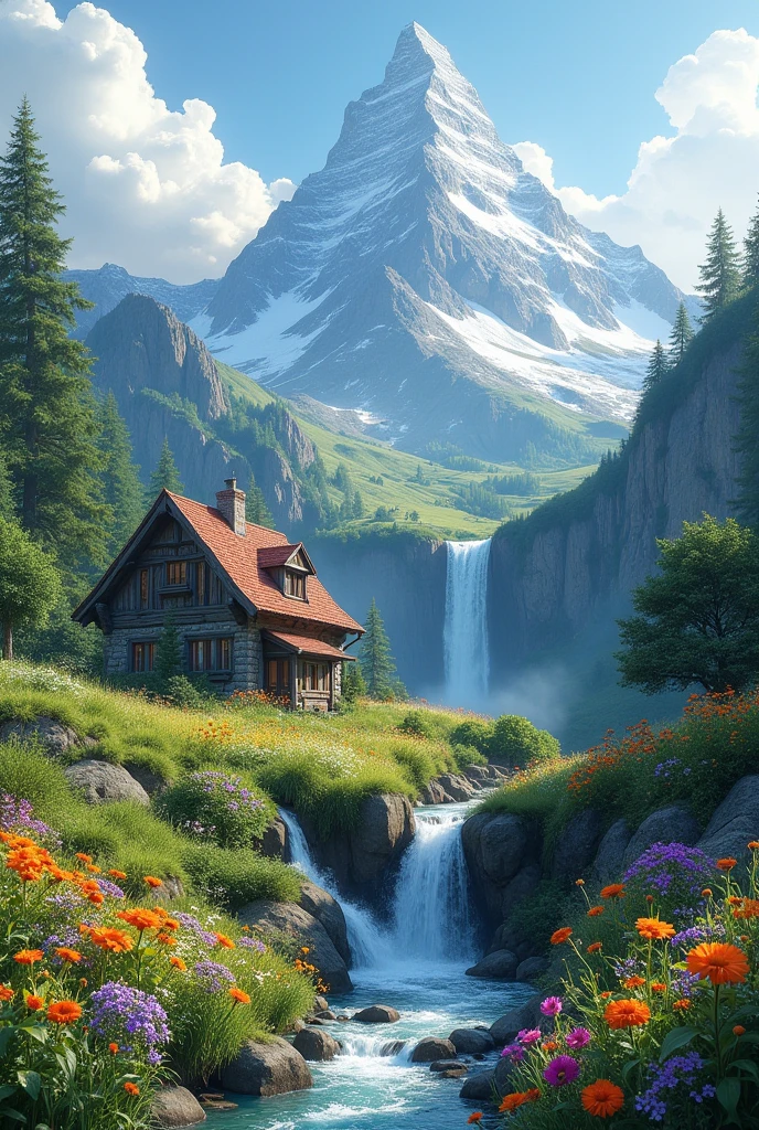 A realistic image of a mountain with waterfall surrounded by flowers and grass with house  